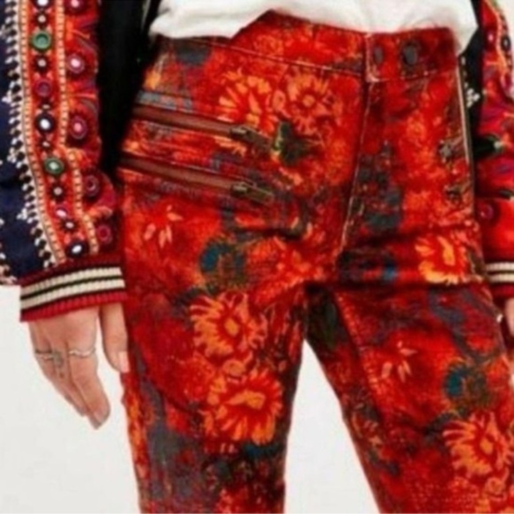 Free People Lennon Floral Funkytown Orange Red Red Velvet  Skinny Pants